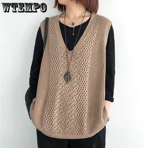 WTEMPO 여성용 레트로 민소매 니트 조끼 Ladies Hollow Out 양복 조끼 느슨한 봄 가을 통기성 Gilet 스웨터