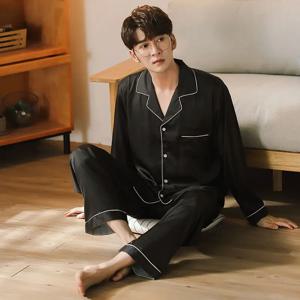 새로운 우아한 실크 남성 잠옷 세트 긴 단추 잠옷 남성 잠자는 가정 의류 새틴 나이트웨어 Pijama 빅 사이즈 Loungewear