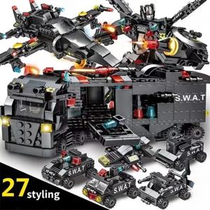 585pcs 8in1 SWAT 경찰서 명령 트럭 모델 빌딩 블록 도시 헬리콥터 벽돌 키트 어린이를위한 교육 장난감