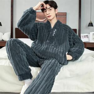 2024 새로운 겨울 따뜻한 산호 양털 남성 잠옷 세트 푹신한 탑 + 긴 바지 잠옷 잠옷 2 조각 Homewear Loungewear