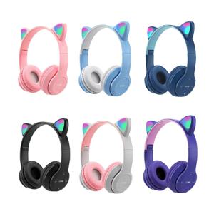 귀여운 고양이 귀 RGB LED 라이트 무선 헤드셋, 여자 아이 스테레오 전화 음악 블루투스 헤드셋 PC 게이머 선물