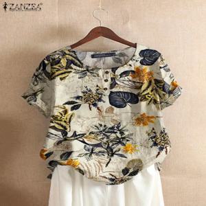ZANZEA 여성 코튼 셔츠 패션 꽃 프린트 탑 숙녀 Kaftan Chemise 2024 여름 짧은 소매 블라우스 인과 o 넥 튜닉