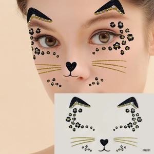 귀여운 고양이 3D 아크릴 라인석 페이스 스티커, 가장 무도회 파티 페이스 메이크업 장식, 임시 문신 페이스 페인팅 데칼, 1 개