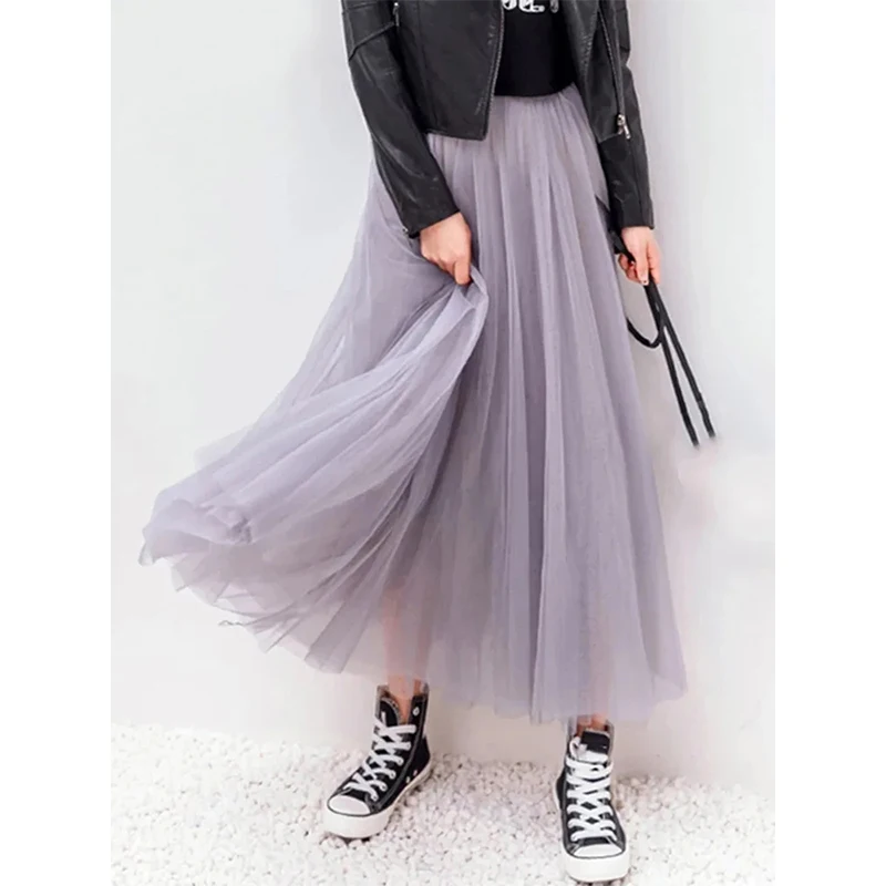 빈티지 tulle 스커트 여성 streetwear 탄성 높은 허리 메쉬 플리츠 스커트 여름 우아한 한국어 라인 사무실 숙녀 스커트 새로운