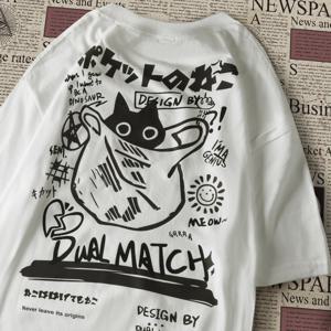 남성 여성 만화 티셔츠 2024 여름 하라주쿠 카와이 고양이 프린트 반소매 티셔츠 커플 streetwear 루즈 한 옷 y2k상의