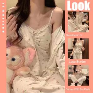 잠옷 여성 긴팔 봄, 가을 멜빵 바지 쿠션이있는 3 피스 세트 Sweet Pajamas Homewear Suit