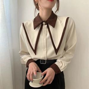 MEXZT 여성용 빈티지 쉬폰 셔츠, 우아한 패치워크 긴팔 블라우스, 오피스 레이디 한국 블랙 턴 다운 칼라 캐주얼 상의