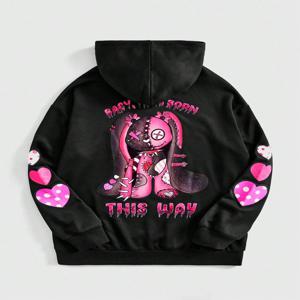 핑크 인형 곰 귀엽고 무서운 외관 후드 여성 따뜻한 양털 후드 스트리트 캐주얼 까마귀 Hipster 느슨한 옷