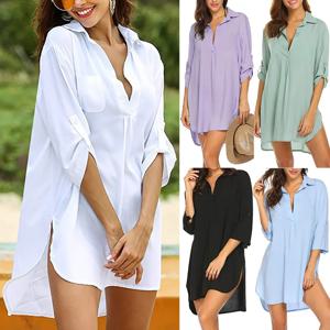2024 봄/여름 AliExpress Wish 유럽과 미국 여성의 깊은 V 넥 세련된 해변 태양 보호 수영복 셔츠 dre