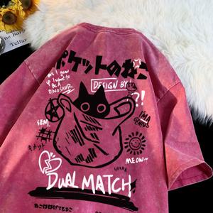 남성 여성 만화 티셔츠 빈티지 여름 하라주쿠 카와이 고양이 프린트 반소매 티셔츠 커플 streetwear 루즈 한 옷 코튼 탑스