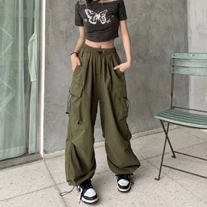 여성 캐주얼 헐렁한 카고 바지 솔리드 로우 허리 조깅 기술 바지 Drawstring 넓은 다리 헐렁한 바지 Y2K streetwear 스웨트 팬츠