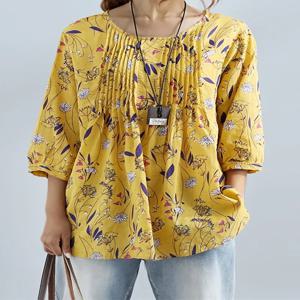 플러스 사이즈 1XL-8XL 여성 패션 꽃 프린트 3/4 슬리브 셔츠 루즈 레트로 컬러 셔츠 여성용 블라우스 탑