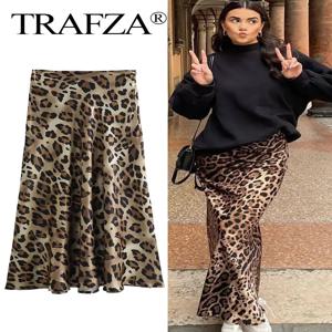 TRAFZA 2024 여성 패션 레오파드 프린트 스커트 빈티지 하이 웨스트 미디 스커트 우아한 여성 여름 캐주얼 streetwear 스커트