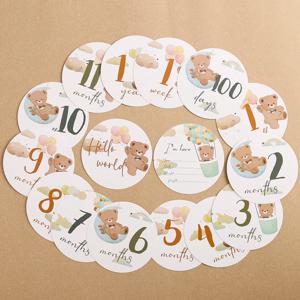 16Pcs 아기 마일스톤 카드 0-12 개월 신생아 종이 만화 작은 곰 사진 액세서리 유아 성장 기념 선물