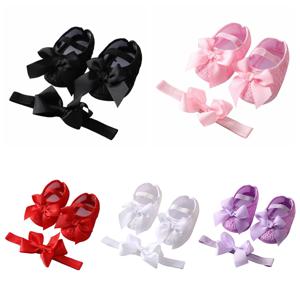 유아 아기 소녀 새틴 Bowknot 공주 신발 + 머리띠 세트 부드러운 단독 신발 사랑스러운 공주 레이스 미끄럼 방지 워커 0-18M