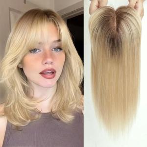 옹 브르 블론드 스트레이트 레미 인간의 머리카락 토퍼 (Bangs 포함) Toupee 헤어 피스 실크베이스 클립 토퍼 탑 헤어 탈모 여성용