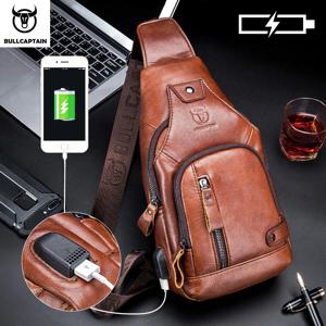 Bullcaptain 가죽 대용량 가슴 가방 야외 캐주얼 활동을 위한 USB 포트가 있는 남성용 숄더백