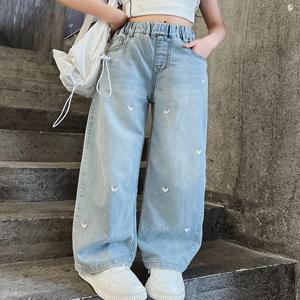 여름 여아용 루즈한 단색 작은 러브 청바지, 캐주얼 바지, 와이드 레그 팬츠, 4-10 세, 중학교 패션