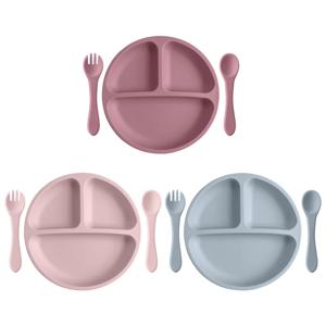 3PCS 어린이 식기 세트 아기 먹는 음식 훈련 실리콘 식기 세트 아기 빨판 먹이 요리 접시 숟가락 포크