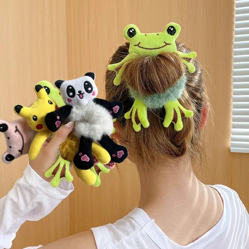 1pcs 헤어 서클 소녀 개구리 플러시 녹색 머리 서클 롤빵 귀여운 재미 있은 헤어 밴드 탄성 Scrunchies 여성 포니 테일 헤어 스타일