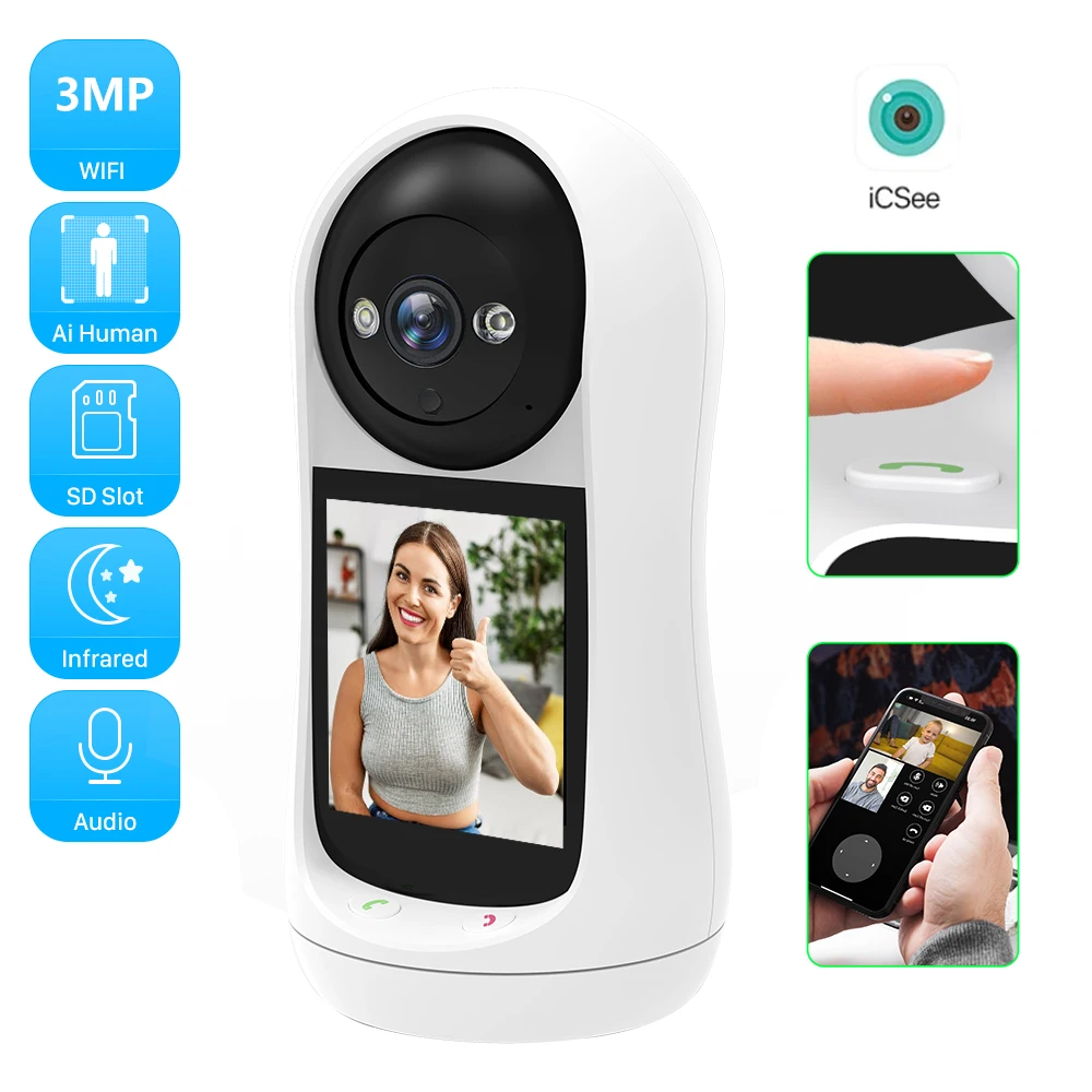4MP 2K PTZ Wifi 카메라 화상 통화 2.8 인치 IPS 스크린 아기 울음 소리 감지 보안 IP 카메라 3MP 베이비 모니터 iCSee
