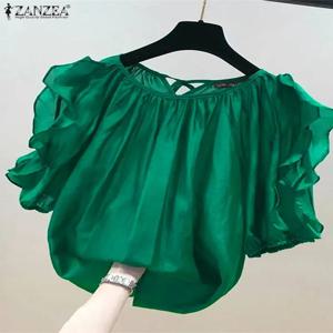 ZANZEA 여성 콜드 숄더 블라우스 패션 프릴 하프 슬리브 탑 2024 백 스트랩 플리츠 튜닉 여름 캐주얼 루즈 셔츠