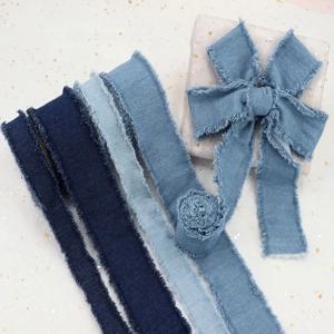 데님 리본 청바지 천 원단, 수제 프린지 실크 리본, DIY 바느질 공예, 헤어클립 리본, 리본 옷, 파란색 카우보이 장식