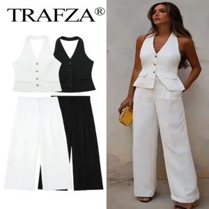 TRAFZA 여성 패션 솔리드 바지 정장 홀터넥 싱글 브레스트 민소매 블레이저 조끼 탑 지퍼 플라이 바지 Office Lady Set