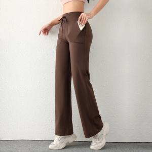 여성 캐주얼 루즈 스트레이트 러닝 트레이닝 복 와이드 레그 팬츠 사이드 포켓이있는 드로우 스트링 디자인 레깅스 여성 요가 바지