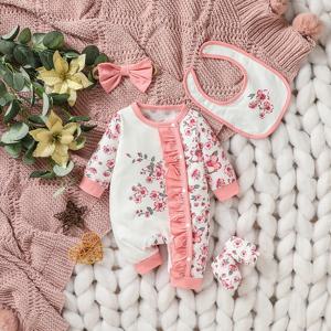 4Pcs 아기 소녀의 신생아 전체 소매 인쇄 꽃 올 ​​시즌 패션 귀여운 점프 슈트 + 턱받이 + 머리띠 + 장갑