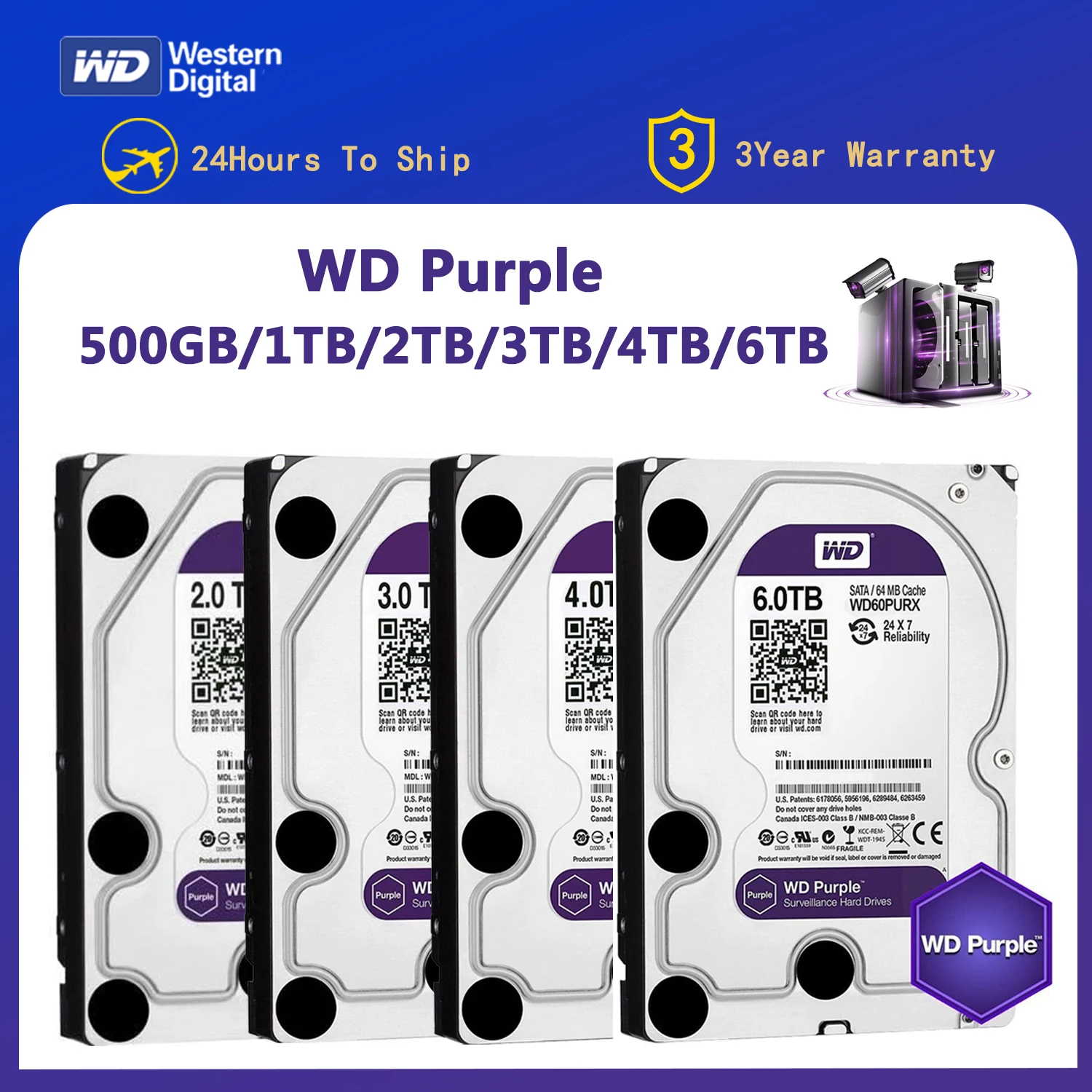 WD Purple 4TB 1TB 2TB 3TB 6TSurveillance 내장 하드 드라이브 디스크 CCTV DVR NVR용 3.5