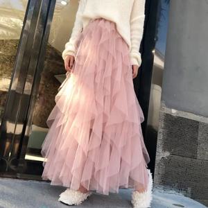 여자 탄성 높은 허리 Tulle 메쉬 불규칙한 투투 스커트 여름 여자 파티 이전 아이 소녀 Pleated 긴 미디 스커트