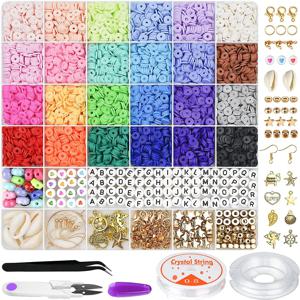 6000 Pcs 24 색 플랫 라운드 폴리머 클레이 비즈 펜던트 매력 키트와 6mm 스페이서 쥬얼리 만들기 키트에 대한 탄성 문자열