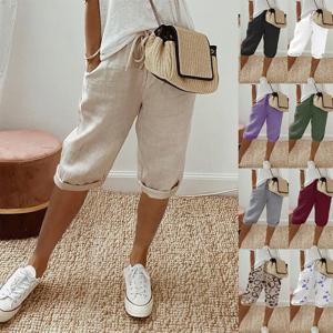 아메리칸 빈티지 솔리드 레이스 업 여성 코튼 린넨 바지 포켓 streetwear 숙녀 바지와 탄성 높은 허리 넓은 다리 반바지