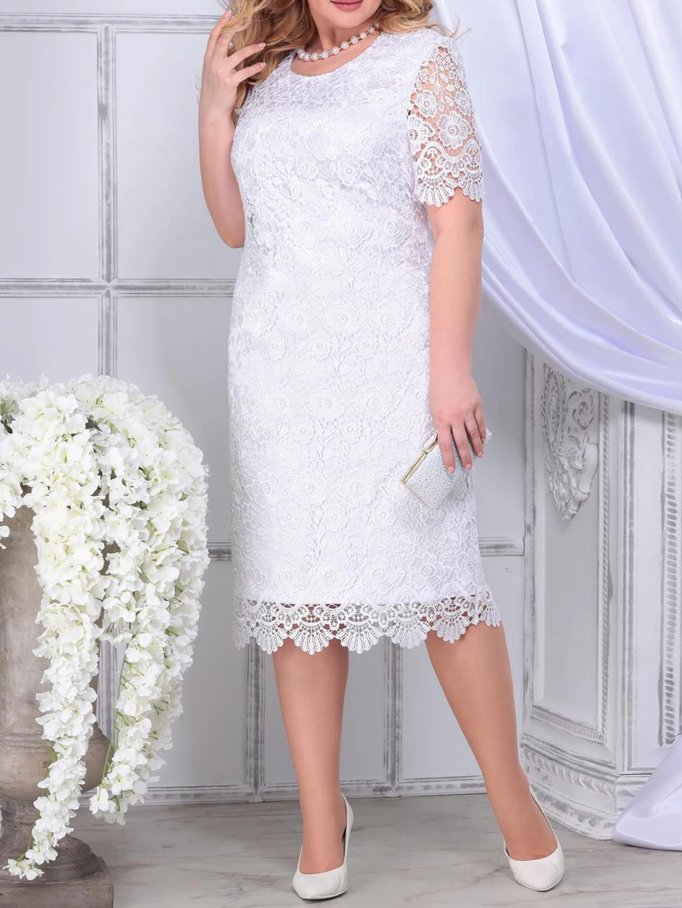 플러스 사이즈 우아한 파티 드레스 화이트 여성 여름 자수 꽃 웨딩 게스트 슬림 연필 미디 드레스 vestidos