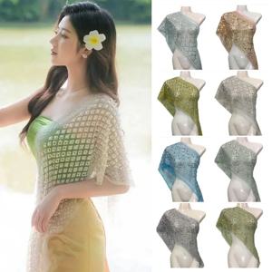 태국 전통 코스튬 여성용 비즈 레이스 숄, 반짝이 스카프, 메쉬 랩 케이프 걸스, 동남 민족 휴가 여행 랩 스카프