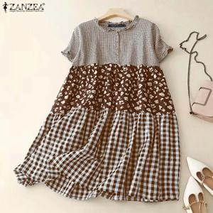 ZANZEA 여성 격자 무늬 롱 드레스 2024 여름 휴가 Pleating 스티치 셔츠 드레스 캐주얼 루즈 반소매 가운 패션 Sundress
