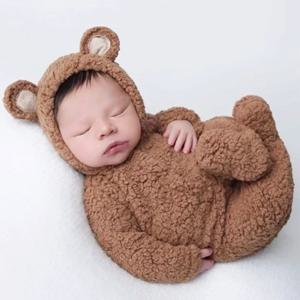 아기 소년 소녀를위한 2Pcs 사진 소품 unisex 점프 슈트 곰 귀 모자 footed romper 신생아 사진 촬영 액세서리