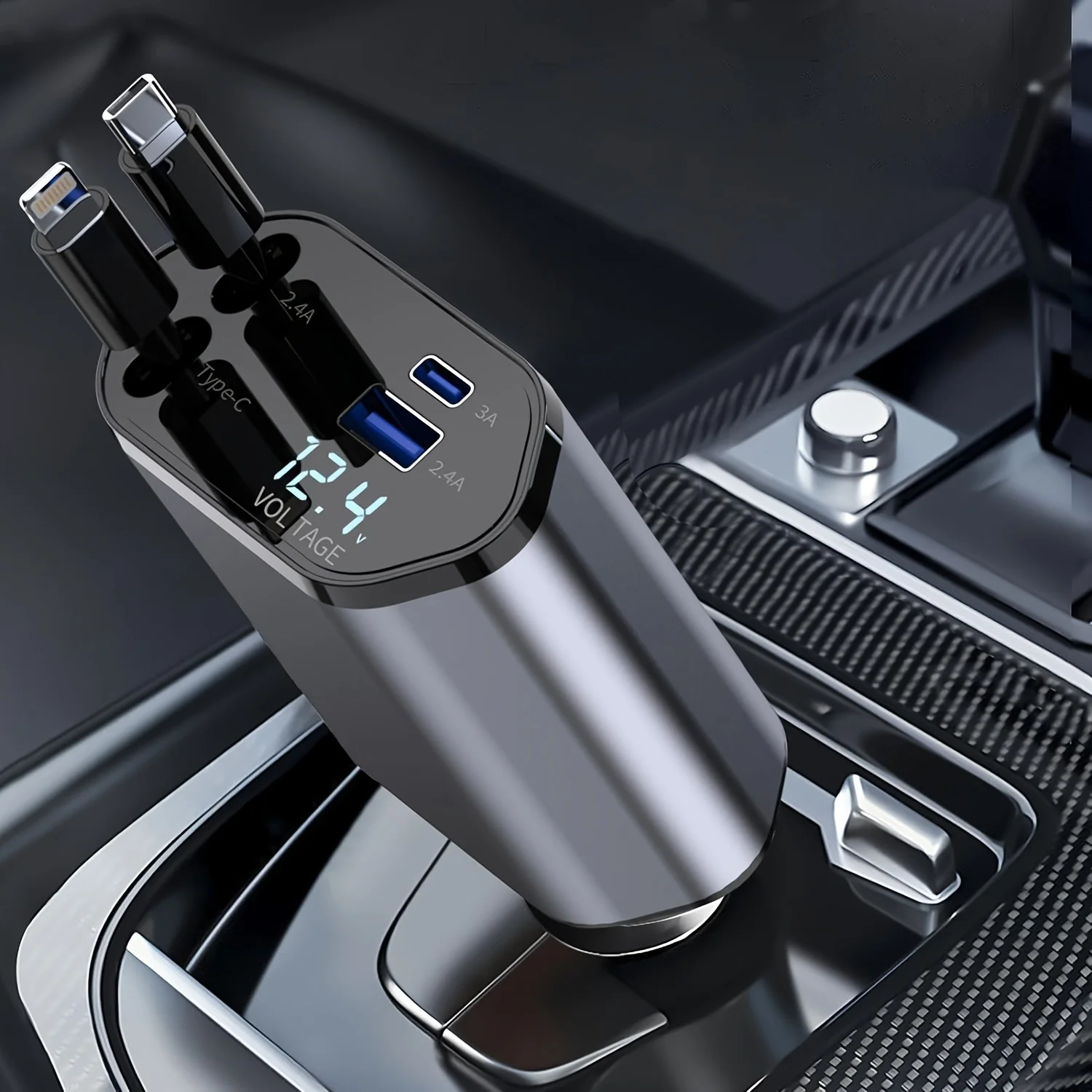 개폐식 차량용 충전기, 4 in 1 고속 충전, 120W, 개폐식 케이블 및 2 USB 포트, 차량용 충전기 어댑터 호환