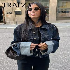 TRAFZA 여성 빈티지 데님 자켓 싱글 브레스트 옷깃 긴 소매 코트 포켓 다크 블루 데님 자켓 패션 하이 스트리트