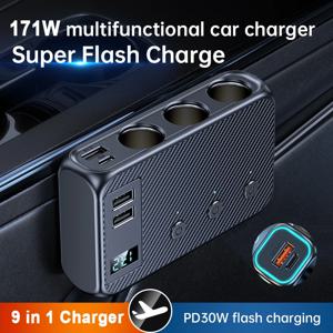 171W 9 in 1 차량용 충전기 3포트 담배 라이터 분배기 iPhone GPS Dashcam용 12V 24V 고속 충전기 플러그 전원 어댑터