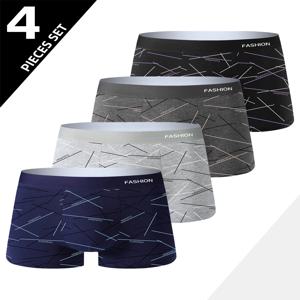 4pcs 남성 속옷, 편안하고 부드럽고 세련된 데일리 라인 프린트 친밀한 복서 브리프, 스포티하고 통기성이 좋은 복서