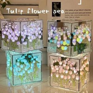 DIY 수제 튤립 거울 큐브 램프 시뮬레이션 꽃 침실 잠자는 테이블 램프 공예 튤립 거울 밤 빛 생일 선물
