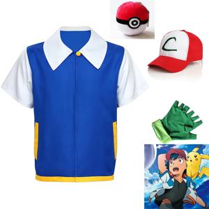 코스프레 애니메이션 Ash Ketchum 옷 남자 블루 자켓 의상 소년 소녀 코스프레 파티 트레이너 포켓몬 모자 장갑 세트