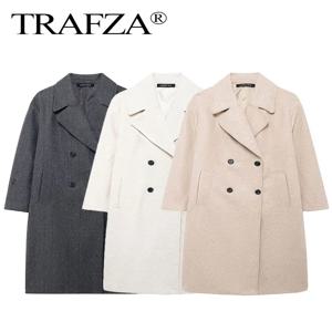 TRAFZA 2024 가을 새로운 여성 루즈 코트 옷깃 더블 브레스트 긴 소매 자켓 겨울 따뜻한 두꺼운 빈티지 솔리드 트렌치 아웃웨어