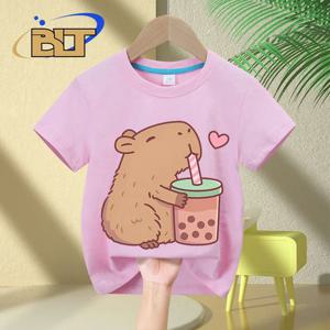 귀여운 Capybara는 버블 티를 사랑합니다 프린트 어린이 티셔츠 여름 어린이 반팔 캐주얼 탑 소년과 소녀 선물