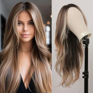합성 레이스 헤어 라인 가발 갈색 금발 Balayage 긴 물결 모양의 레이스 이마 가발 여성을위한 핸드 크로 셰 뜨개질 레이스 가발 내열성