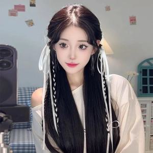 여성용 합성 가발 45cm 더블 포니 테일 모조 클립 가발 새로운 중국 스타일 보우 리본 튀김 반죽 트위스트 헤어 익스텐션