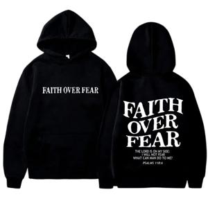 FAITH OVER FEAR 프린트 후드 남성용 여성용 캐주얼 긴팔 후드 티셔츠 힙합 하라주쿠 까마귀 Y2k Men Tops 까마귀