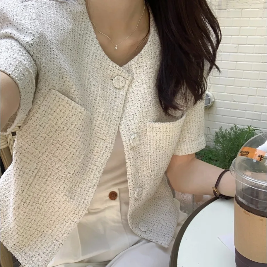 체크무늬 코트 여성용 통근 코튼 순색 짧은 소매 여성용 슬림핏 다용도 캐주얼 스타일 작은 격자무늬 반팔 여성용 우아한 다용도 코트
